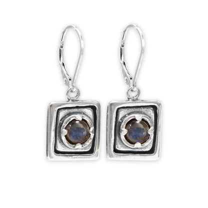 Rustic Square Prong Set Labradorite Earrings on Leverback Ear Wires