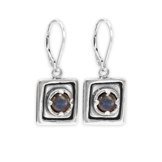 Rustic Square Prong Set Labradorite Earrings on Leverback Ear Wires