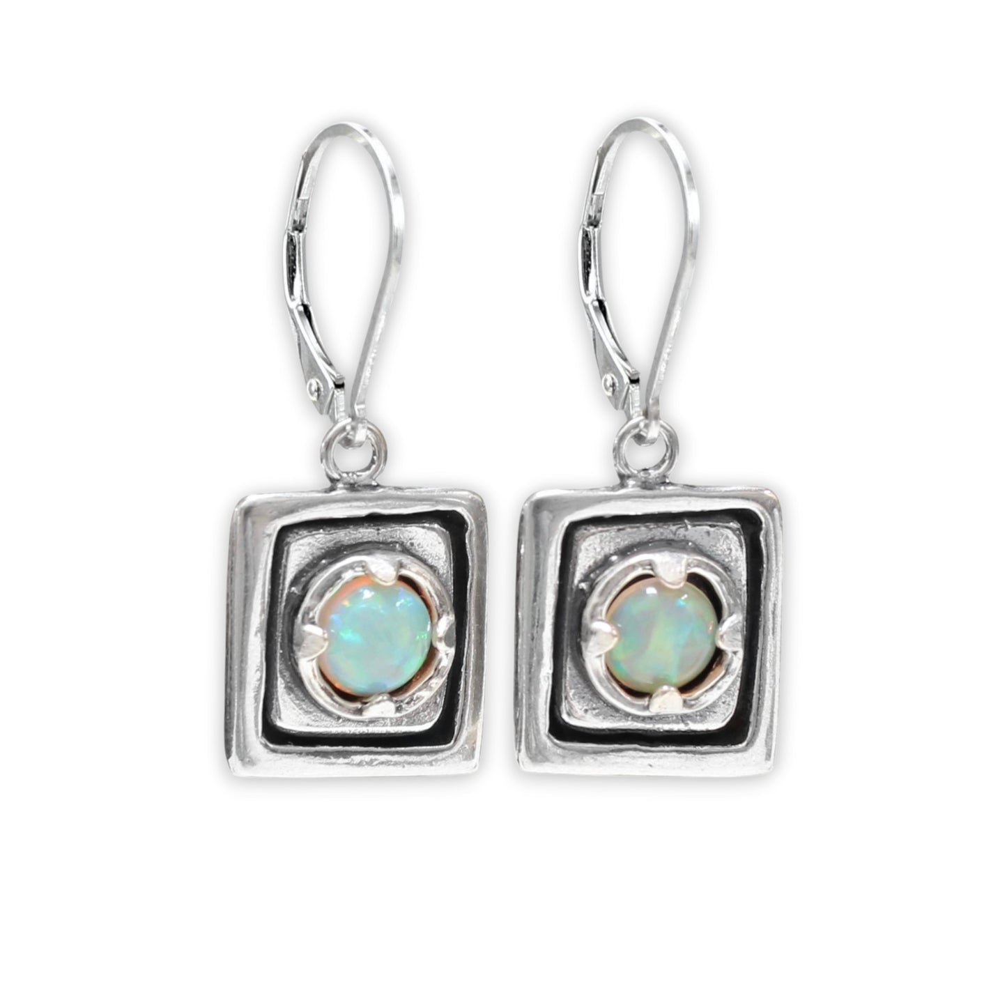 Rustic Square Prong Set Opal Earrings on Lever Back Ear Wires