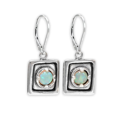 Rustic Square Prong Set Opal Earrings on Lever Back Ear Wires