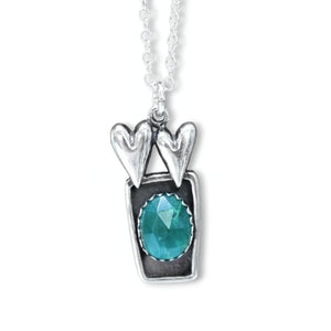 Hearts Connected Forever - Romantic Gift Pendant - Set With an Emerald on an Adjustable Chain