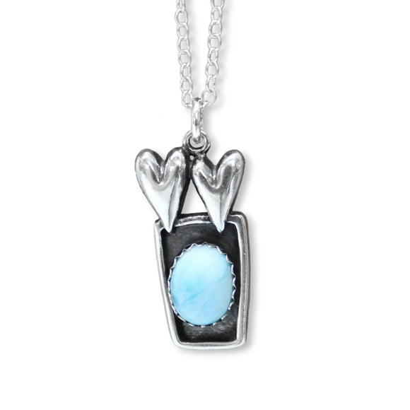 Hearts Connected Forever - Romantic Gift Pendant - Set With Larimar on an Adjustable Chain