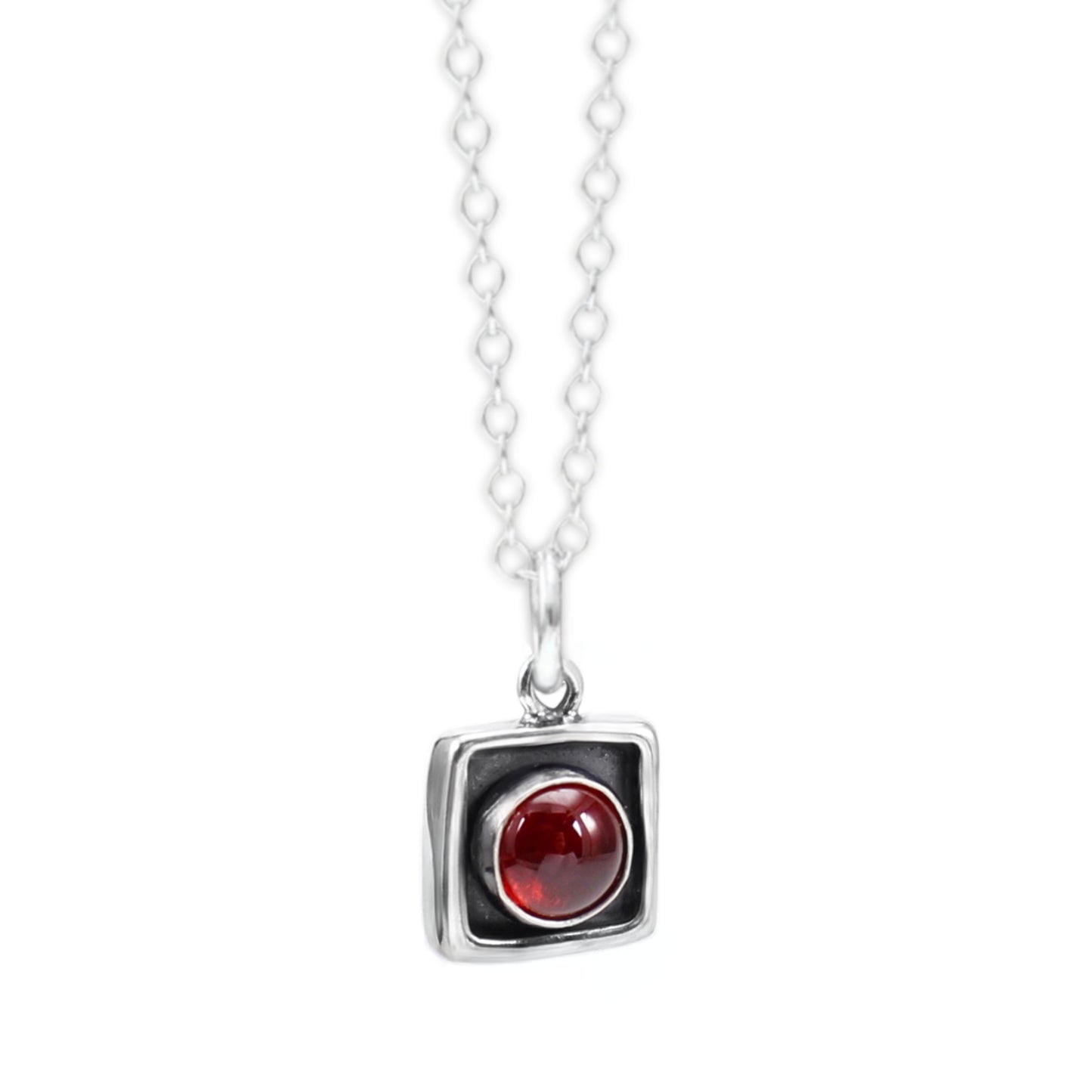 Sterling Silver Garnet Necklace - Tiny Modern Square Red Gemstone Pendant on Adjustable Sterling Chain