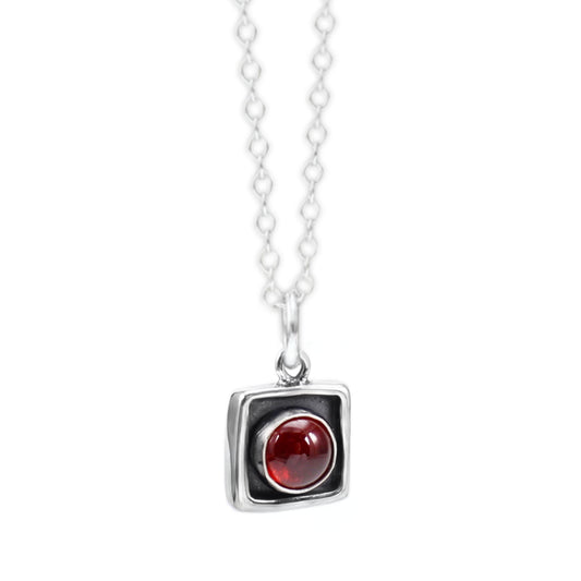 Sterling Silver Garnet Necklace - Tiny Modern Square Red Gemstone Pendant on Adjustable Sterling Chain