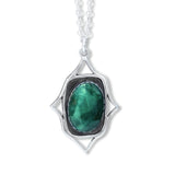 Rococo Style Rose Cut Emerald Pendant - Sterling Silver Gemstone Pendant with Decorative Elements on Adjustable Chain