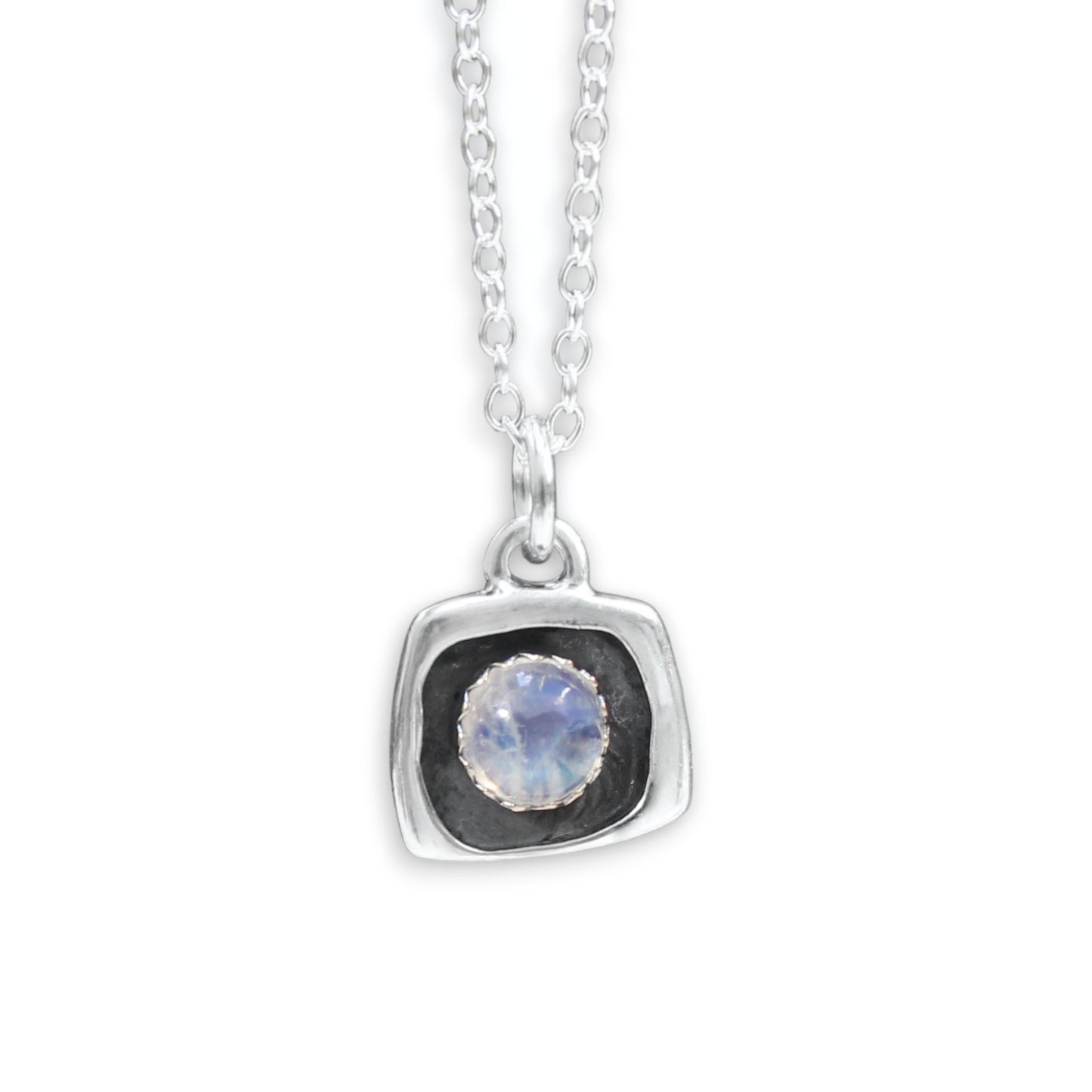 Tiny Blue Moonstone Shadow Box Style Pendant Necklace