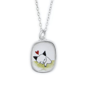 Napping Cat Necklace - Sterling Silver and Enamel Sleeping Kitty Pendant on Adjustable Sterling Silver Chain - Cat Nap