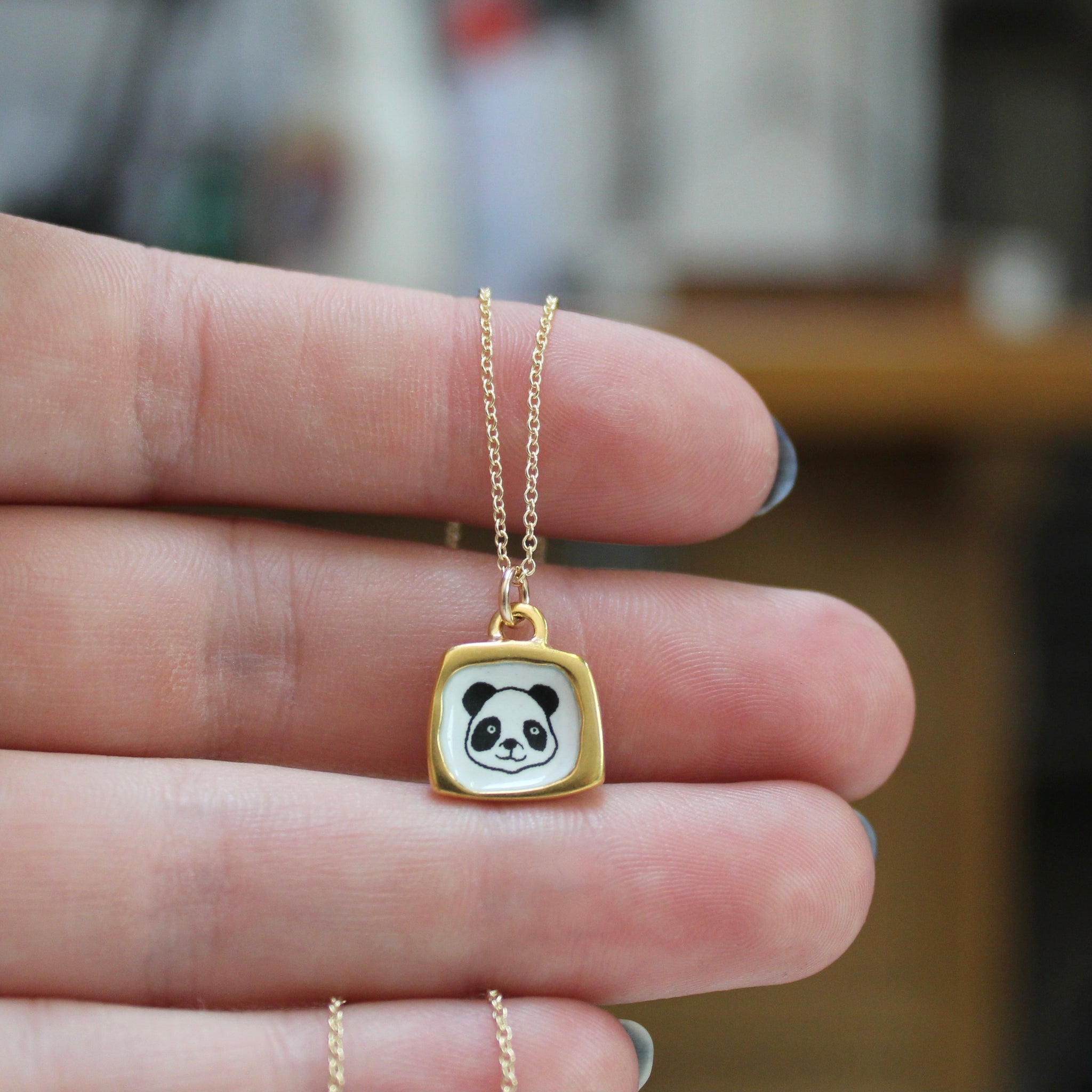 Tiny Gold Panda Necklace Sterling Silver and Enamel Panda Pendant Dipped in Gold Panda Charm Jewelry