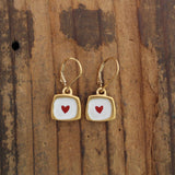 Tiny Gold Heart Dangle Earrings - Gold Dipped Sterling Silver Red heart Earrings on Gold Filled Lever Back Ear Wires - Heart Jewelry