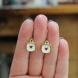 Tiny Gold Heart Dangle Earrings - Gold Dipped Sterling Silver Red heart Earrings on Gold Filled Lever Back Ear Wires - Heart Jewelry