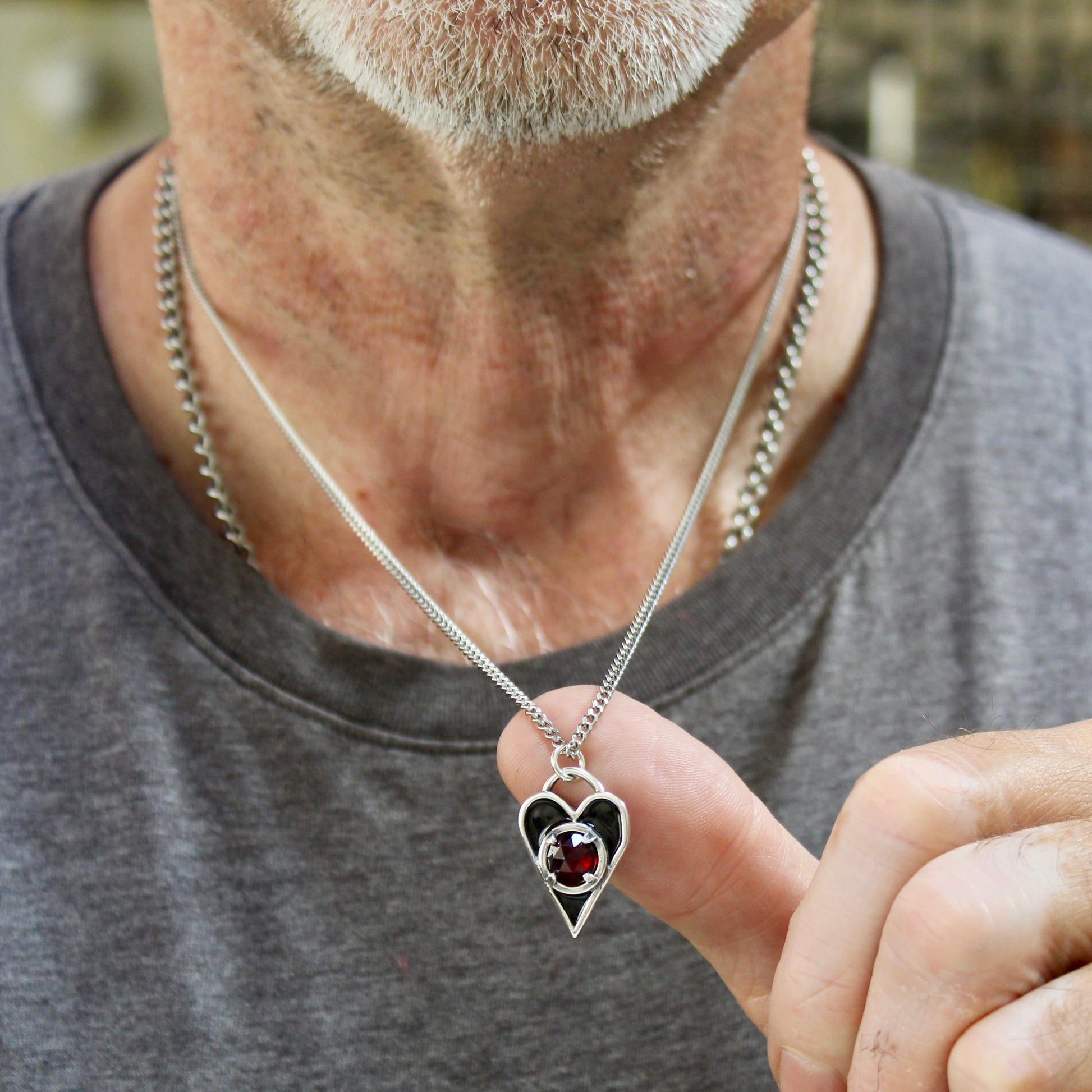 Mens Sterling Silver Black Enamel Garnet Heart Necklace Heart