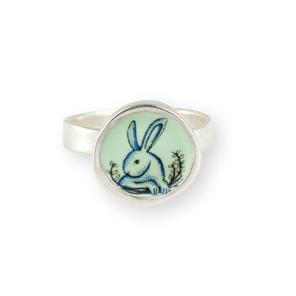 Vintage Looking Rabbit Ring made with Sterling Silver and Vitreous Enamel in sizes 6 7 8 and 9