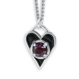 Mens Sterling Silver Black Enamel Garnet Heart Necklace - Heart Pendant with Prong Set Gemstone - Whimsigoth -Goth -Dandy -Dandyman -Punk