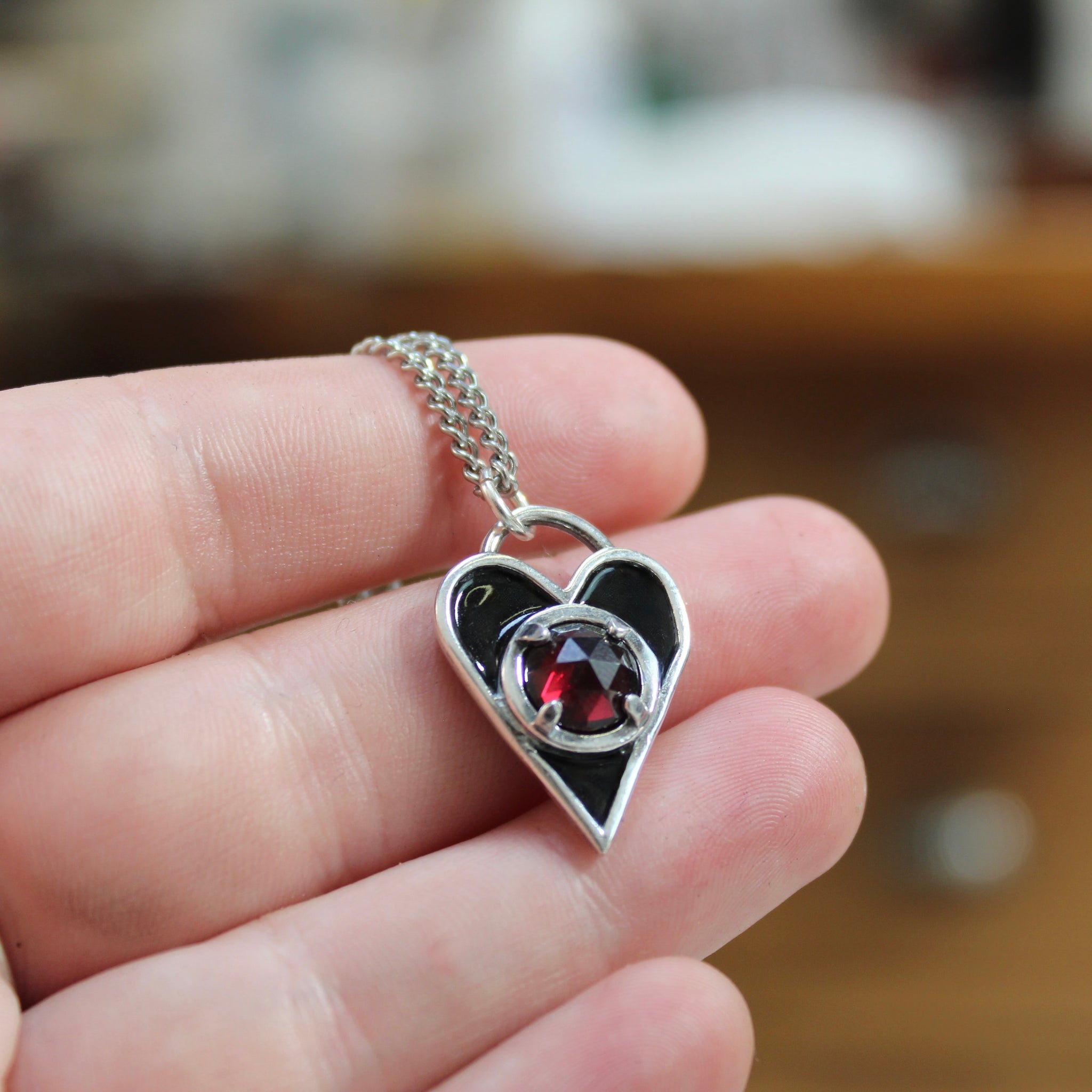Mens Sterling Silver Black Enamel Garnet Heart Necklace Heart Pendan Mark Poulin Jewelry
