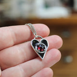 Mens Sterling Silver Black Enamel Garnet Heart Necklace - Heart Pendant with Prong Set Gemstone - Whimsigoth -Goth -Dandy -Dandyman -Punk