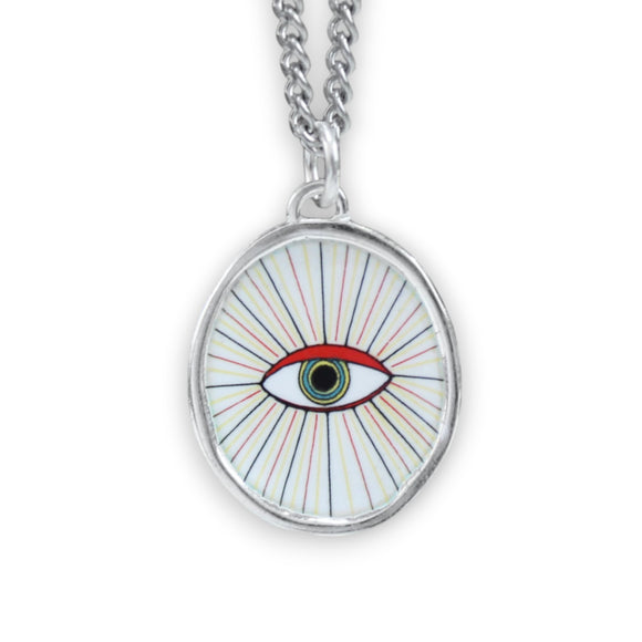 Mens Evil Eye Pendant on Stainless Steel Chain - Vitreous Enamel and Sterling Silver - Protection- Gift