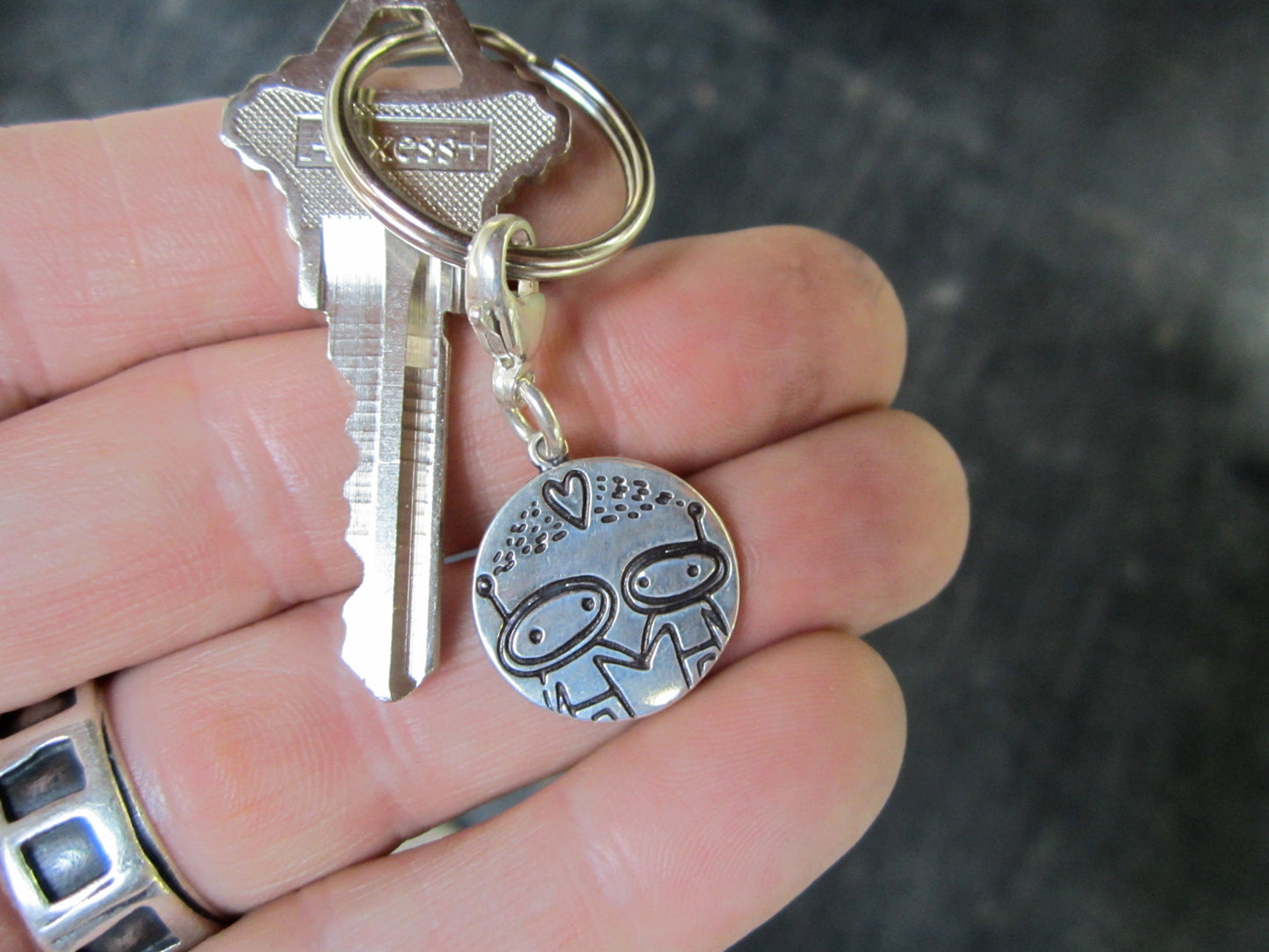 Sterling Silver Aliens in Love Keychain - Cute Rocket Ship Astronaut Key Fob - Alien Family Gift for Men and Women