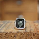 Mens Signet Ring - Black Wolf Ring - Vitreous Enamel and Sterling Silver Gift Jewelry sizes 5 through 12