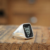 Mens Signet Ring - Black Wolf Ring - Vitreous Enamel and Sterling Silver Gift Jewelry sizes 5 through 12