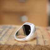 Mens Signet Ring - Black Wolf Ring - Vitreous Enamel and Sterling Silver Gift Jewelry sizes 5 through 12