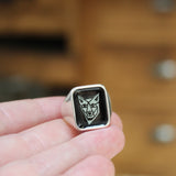 Mens Signet Ring - Black Wolf Ring - Vitreous Enamel and Sterling Silver Gift Jewelry sizes 5 through 12