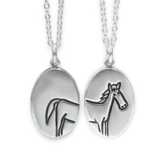 Oval Sterling Silver Horse Necklace on Adjustable Sterling Chain - Reversible Funny Horse Charm