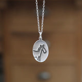 Oval Sterling Silver Horse Necklace on Adjustable Sterling Chain - Reversible Funny Horse Charm