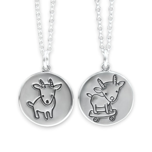 Round Sterling Silver Skateboarding Goat Charm Necklace on Adjustable Sterling Chain