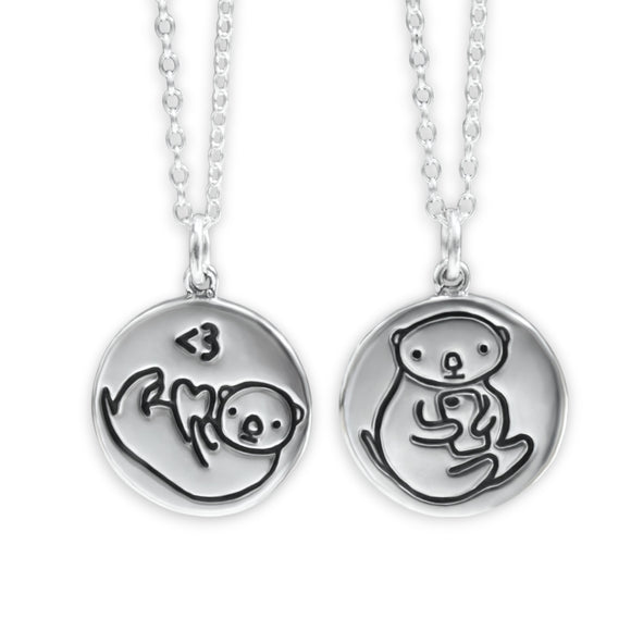 Round Sterling Silver Otter Charm Necklace on Adjustable Sterling Chain - Cut and Funny Texting Otter Medallion Charm