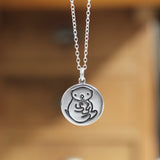 Round Sterling Silver Otter Charm Necklace on Adjustable Sterling Chain - Cut and Funny Texting Otter Medallion Charm