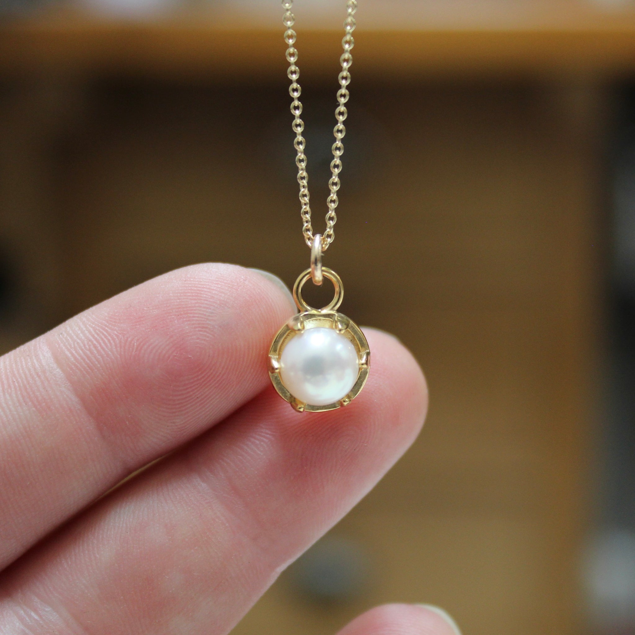 Tiny Pearl Necklace Prong Set Pearl Pendant on 16 18 or 20 inch Gold Mark Poulin Jewelry