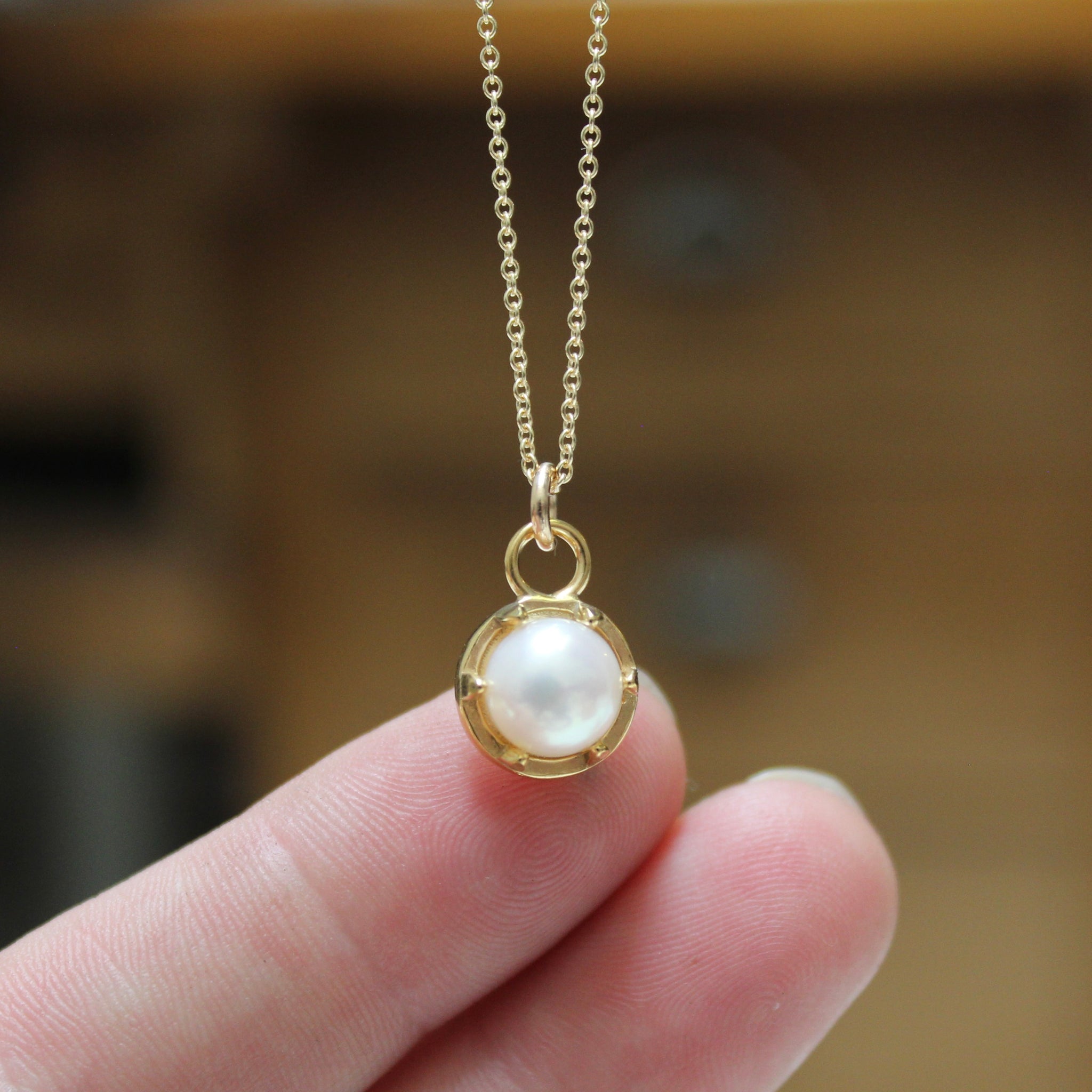 Tiny Pearl Necklace Prong Set Pearl Pendant on 16 18 or 20 inch Gold Mark Poulin Jewelry