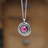 Round Modern Ruby Necklace on Adjustable Chain - 10mm Round Rose Cut Gemstone Set on Sterling Silver Circle Pendant