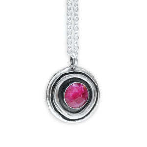 Round Modern Ruby Necklace on Adjustable Chain - 10mm Round Rose Cut Gemstone Set on Sterling Silver Circle Pendant