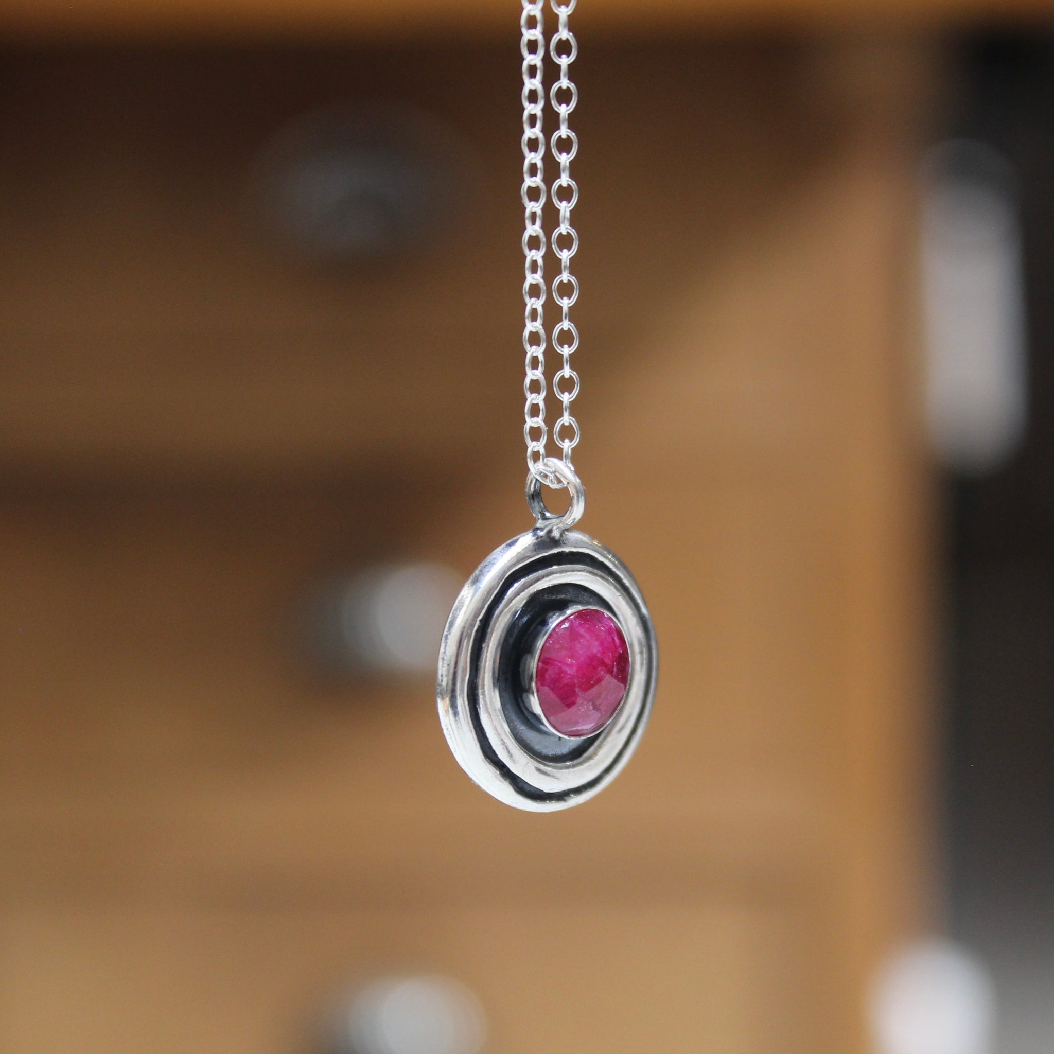 Round Modern Ruby Necklace on Adjustable Chain 10mm Round Rose Cut G Mark Poulin Jewelry