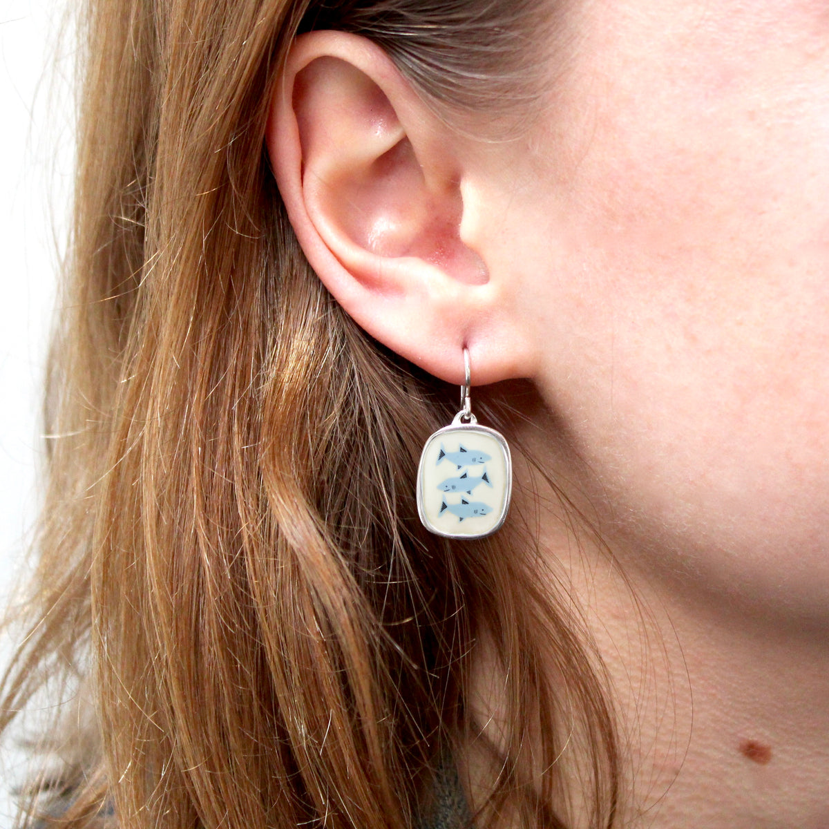 Three Sharks Dangle Earrings in Sterling Silver and Enamel