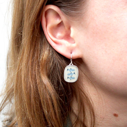 Three Sharks Dangle Earrings in Sterling Silver and Enamel