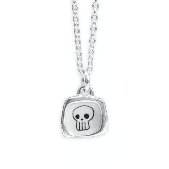 Teeny Tiny Enamel and Sterling Silver Skull Necklace on Adjustable Serling Chain - Skull Jewelry