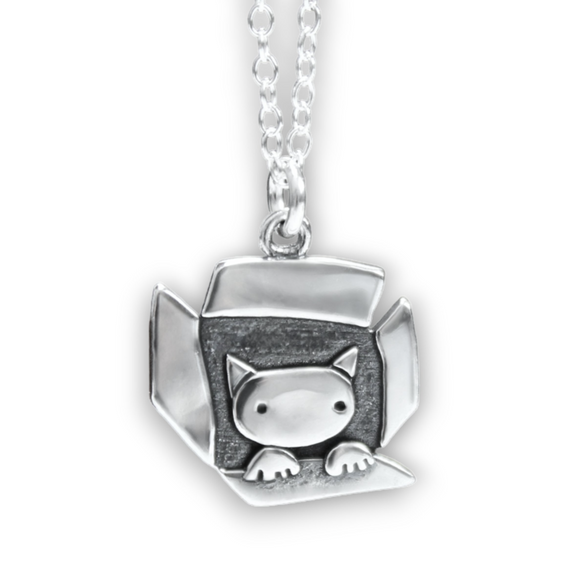 Sterling Silver Gift Cat Charm Necklace on Adjustable Chain - Cat In A Box Jewelry Pendant