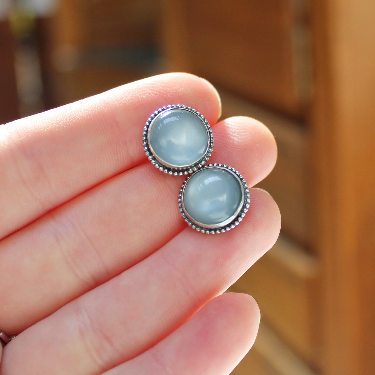 Sterling Silver and Grey-White Moonstone Post Earrings