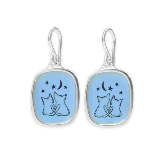 Blue Night Cat Earrings - Two Star Gazing Cats with the Stars and Moon