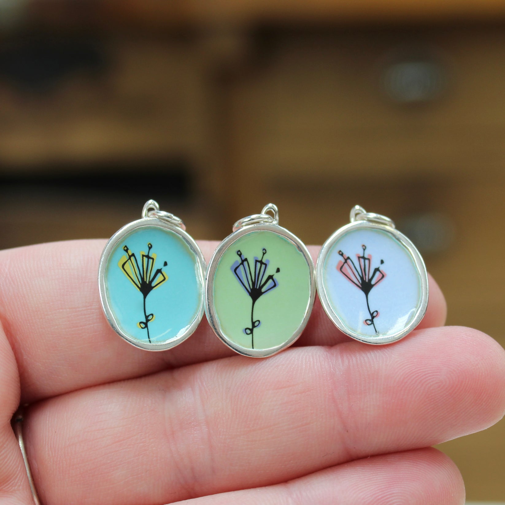 Spring Flower Necklace on Adjustable Chain in Blue Green Pink Yellow O ...