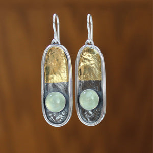 24 Karat Gold and Sterling Silver Dangle Earrings with Bezel Set Green Prehnite