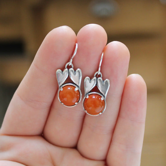 Sterling Silver Connected Hearts Earrings with Prong Set 10mm Carnelian - Love and Friendship Gift