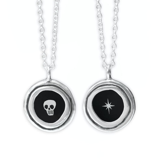 Reversible Skull and Star Necklace - Sterling Silver and Enamel Pendant on Adjustable Silver Chain - Unisex Jewelry