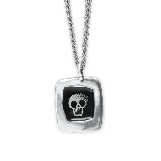 Black and White Skull Necklace - Sterling Silver and Enamel Skull Pendant on 24" Stainless Steel Chain - Unisex Jewelry