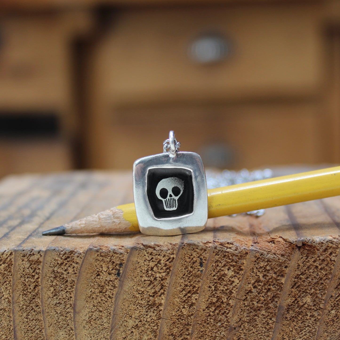 Black and White Skull Necklace - Sterling Silver and Enamel Skull Pendant on 24" Stainless Steel Chain - Unisex Jewelry
