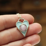 Sterling Silver Blue Enamel with Pink Kunzite Gemstone Heart Necklace - Heart Pendant with Prong Set Gemstone