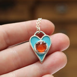 Sterling Silver Blue Enamel with Orange Carnelian Gemstone Heart Necklace - Heart Pendant with Prong Set Gemstone