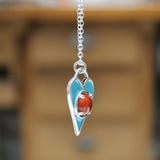 Sterling Silver Blue Enamel with Orange Carnelian Gemstone Heart Necklace - Heart Pendant with Prong Set Gemstone